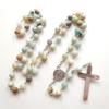 Natural Stone Beads Rosary Necklace Crucifix Cross Pendant Chain Catholic Religious Jewelry for Women Meditatin Gift