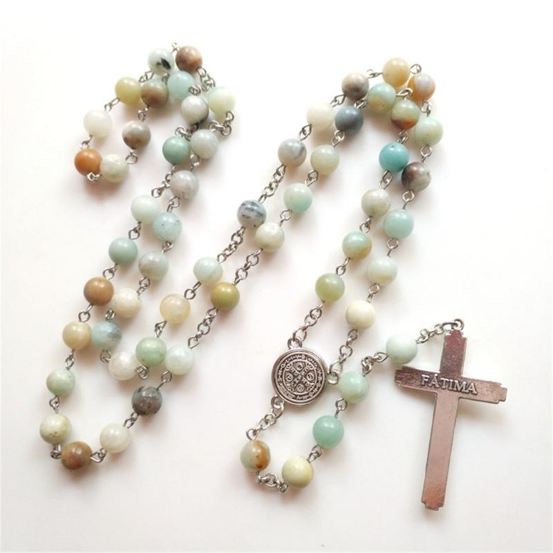 Natural Stone Beads Rosary Necklace Crucifix Cross Pendant Chain Catholic Religious Jewelry for Women Meditatin Gift
