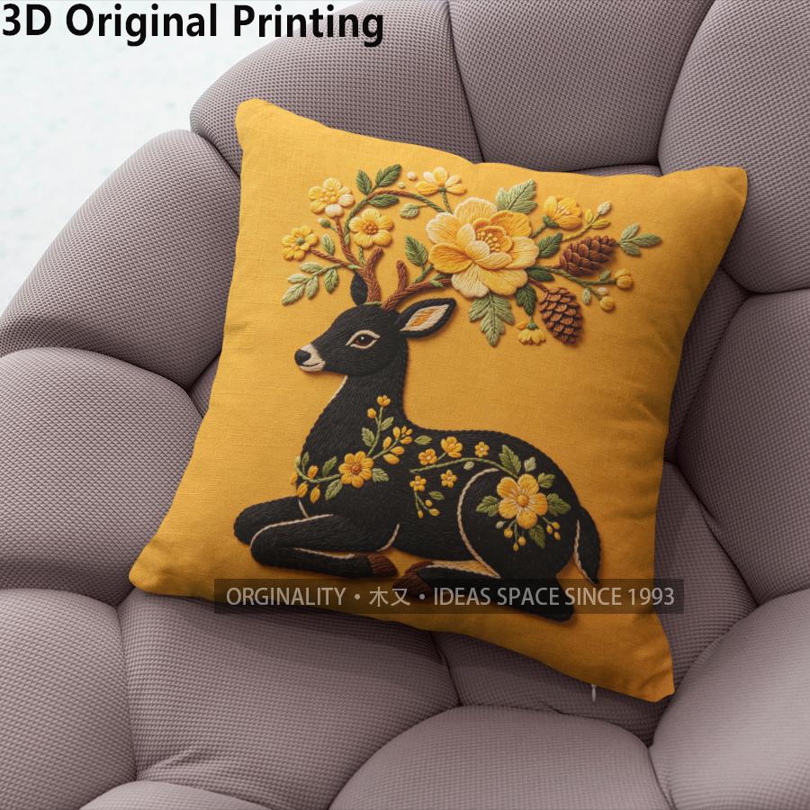 Embroidery Style Deer & Floral Throw Pillow Covers Pattern Cushion Cover Suitable For Sofa Bedroom Car Pillow Cover