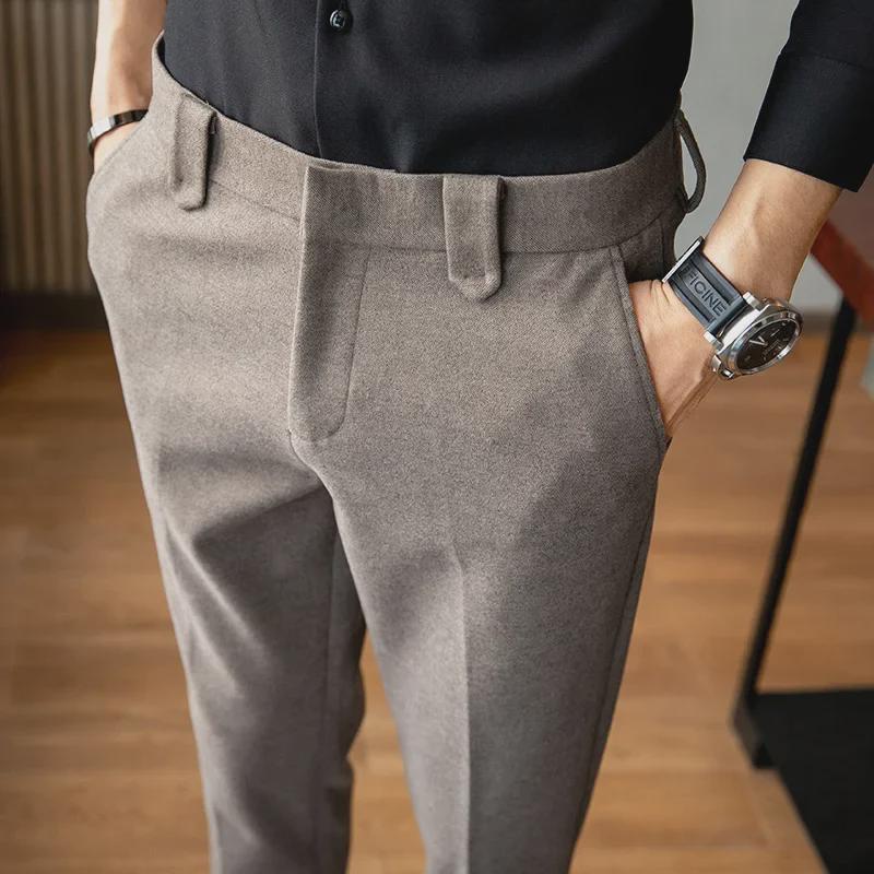 Men's Slim Woolen Trousers: Autumn/Winter Business Casual or Formal Tweed Nine-Point Pants