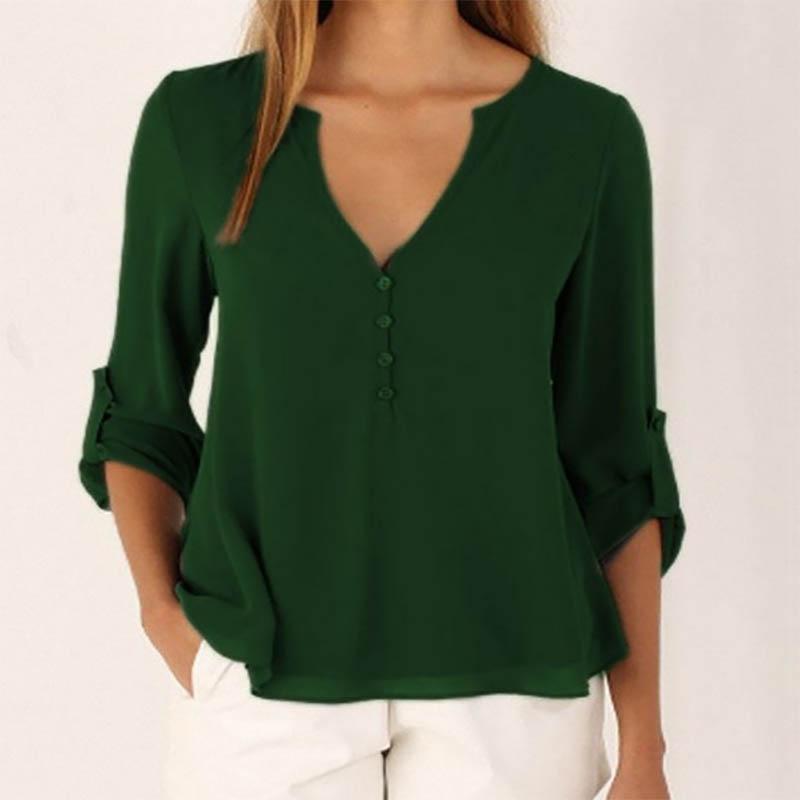 Women's V-Neck Blouse Plus Size Chiffon Shirt Long Sleeve Rollable Sleeve Loose Tops Casual T-shirt