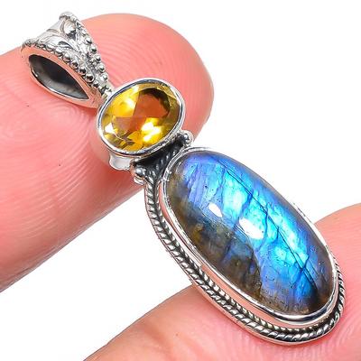 Natural Labradorite,Citrine 925 Solid Sterling Silver Jewelry Pendant 1.38" V2Y02