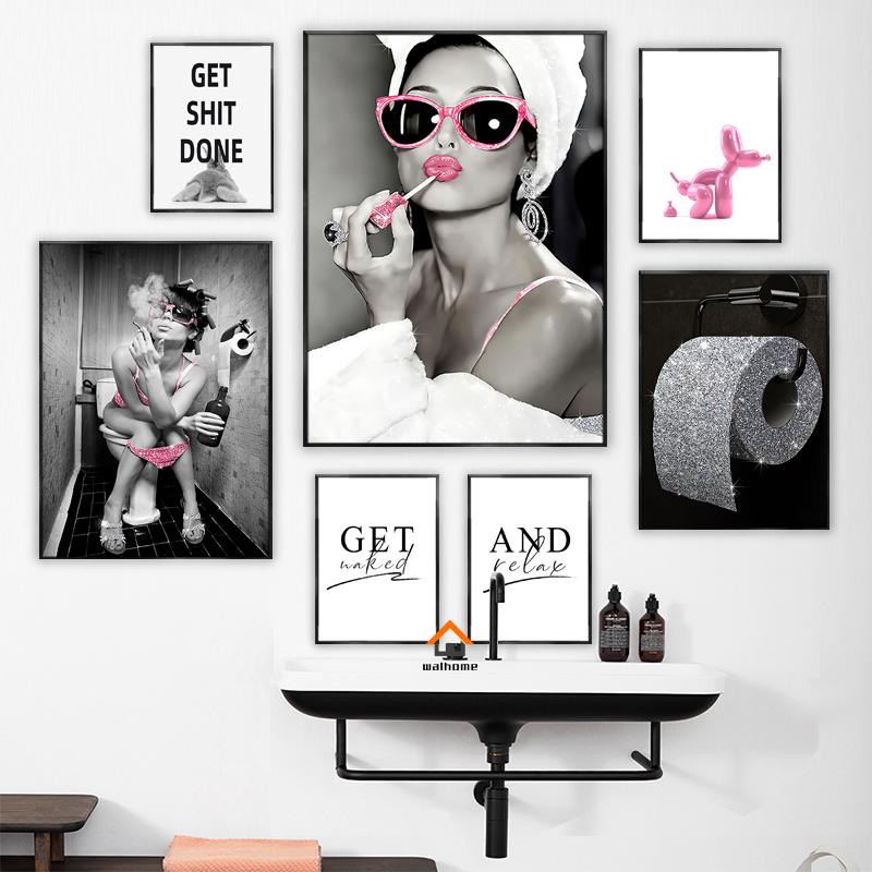 Mode Sexy Naakte Vrouw Poster Toilet Decoratieve Schilderijen Bling Rolpapier Canvas Muurkunst Afbeelding Badkamer WC Thuis Kamer Decor