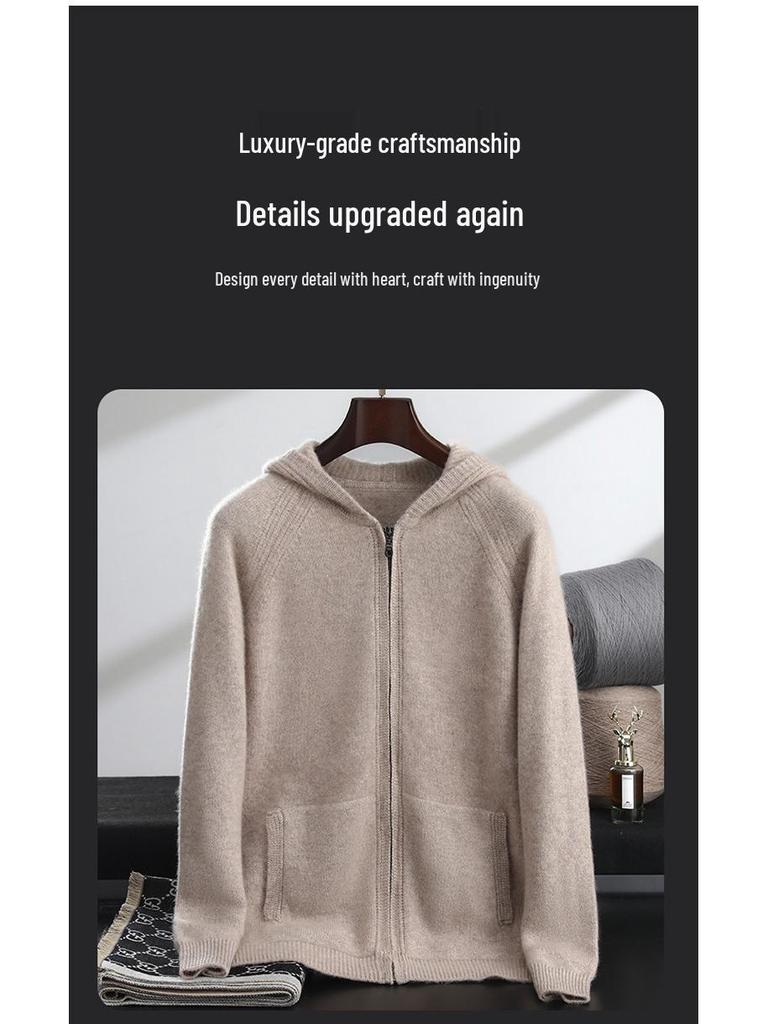 Herren Kapuzen-Reißverschluss-Strickjacke aus reiner Wolle - Dicker Strickpullover-Mantel für Freizeit oder Business