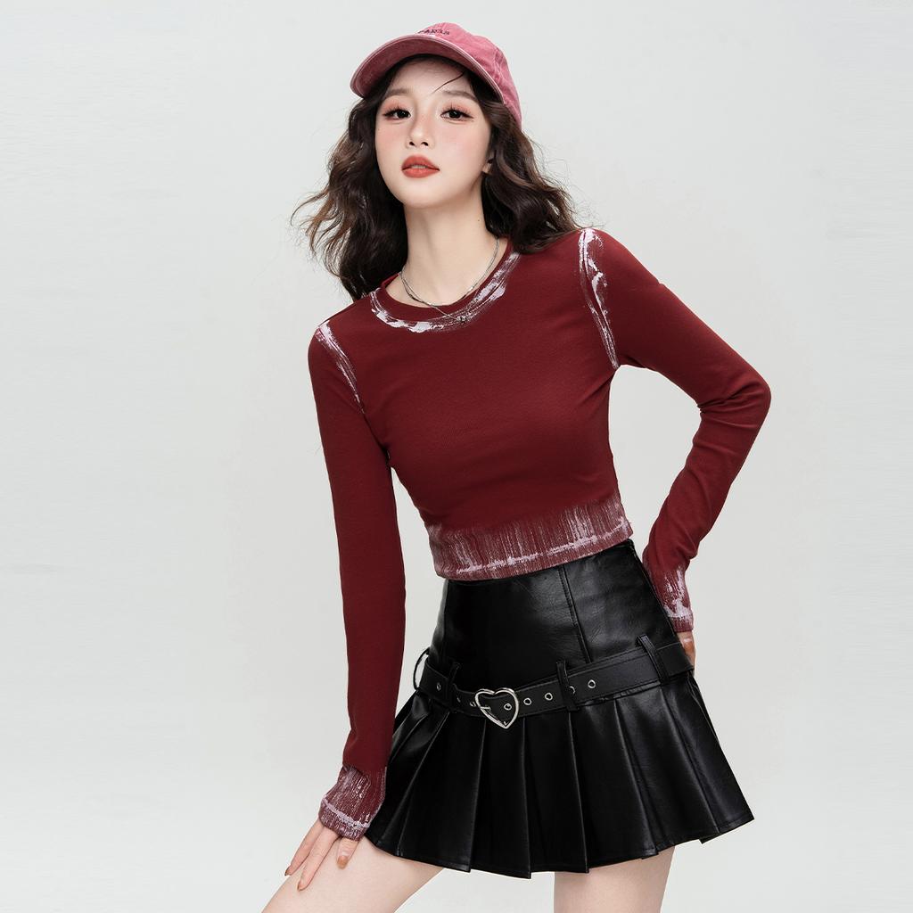 Color Brushing Craft Spicy Girl Short T-shirt Fashionable Spring and Autumn Style Personalized Long-sleeved Round Neck Slim Fit Inner Top