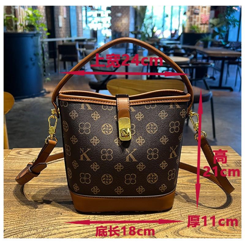 Womens Large Capacity Bucket Bag PU Leather Shoulder Crossbody Handbag Coffee Color Casual Style