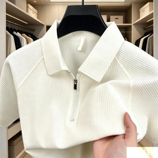 Men Quarter Zip Shirt Loose Fit Turndown Collar Short Sleeve Textured Shirt Casual Solid Color Golf Shirt for Office Daily Life Date