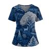Women's Christmas Print V-Neck Double Pocket Short Sleeves Hem Slit Uniform And Caregiver Top