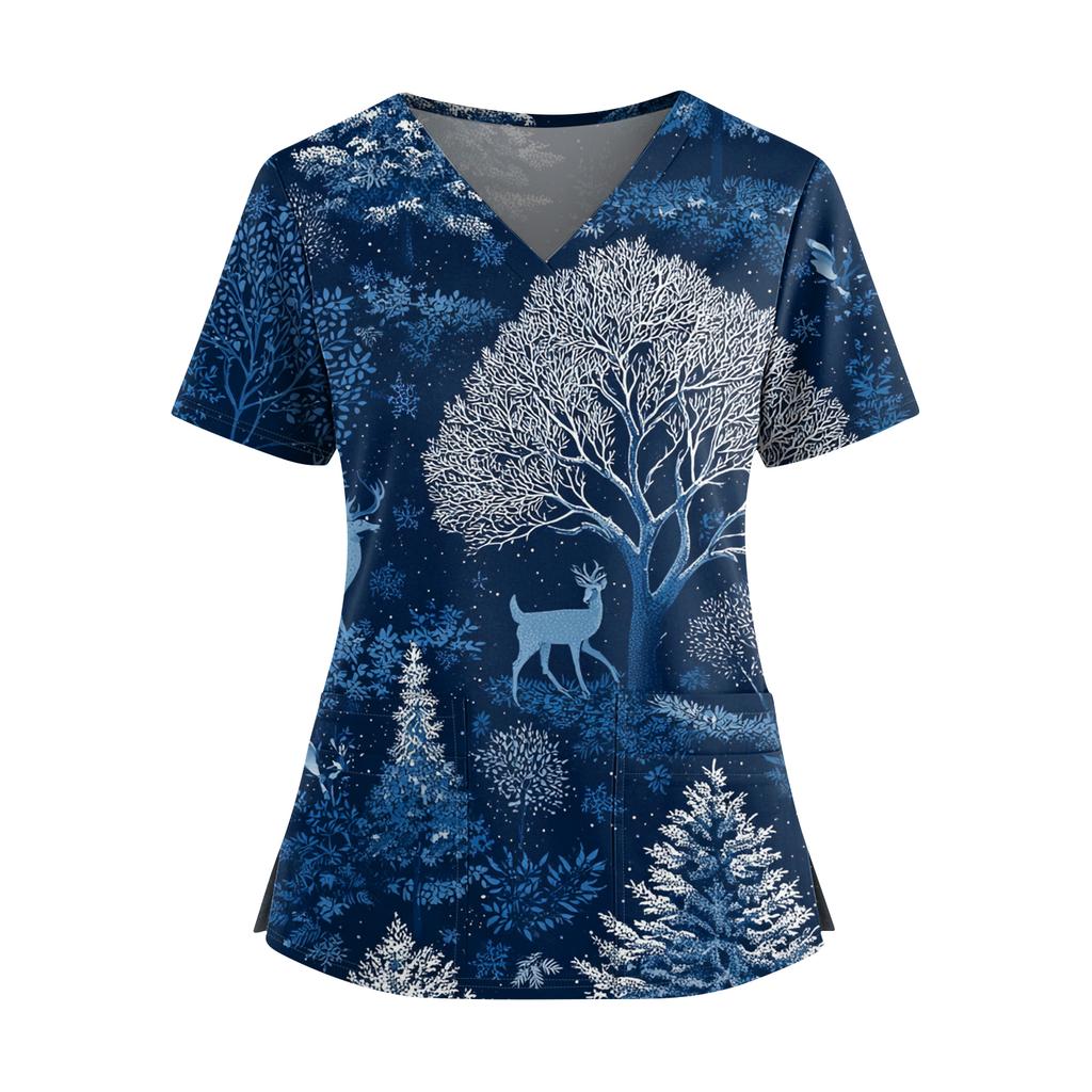 Women's Christmas Print V-Neck Double Pocket Short Sleeves Hem Slit Uniform And Caregiver Top