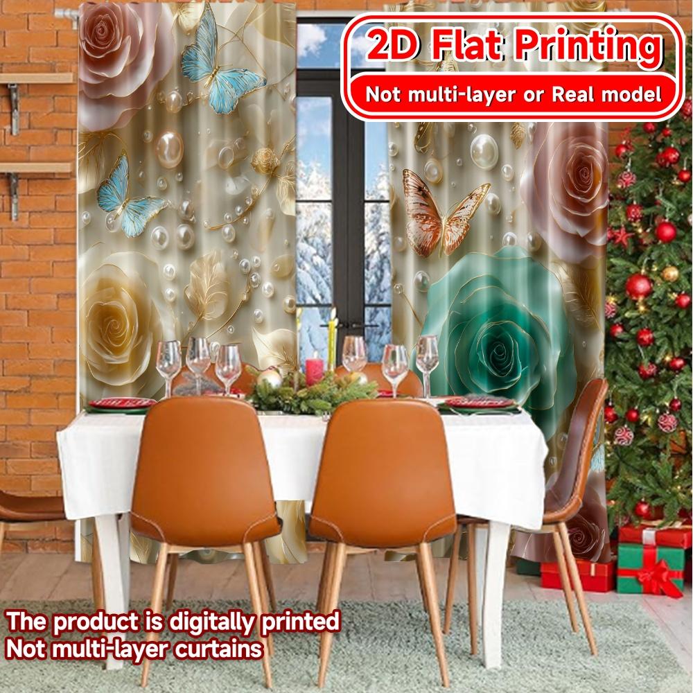 2D Flat Printing,2pcs Elegance Blooms Minimalist Chic Curtains Semi-Sheer Curtains Decorations Inside Use for Bedroom Office