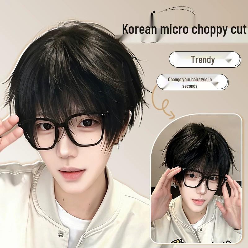 Men's Natural Black Short Wig with Micro-bangs, Layered and Fluffy for Daily Wear