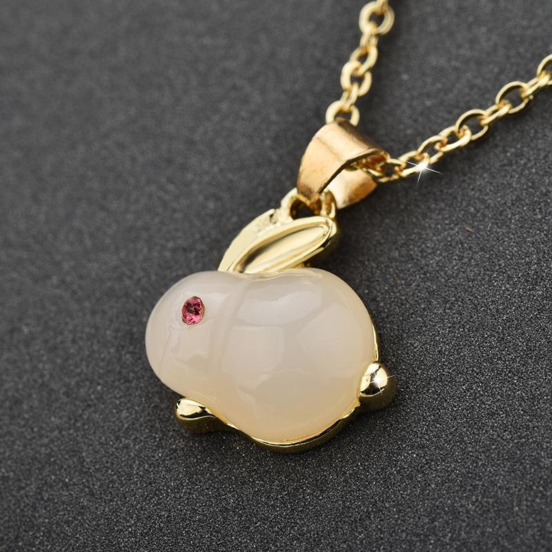 Cute Bunny Pendant Imitation White Jade Rabbit 18K Gold Titanium Steel Necklace Women S Light Luxury Niche High Sense 18K