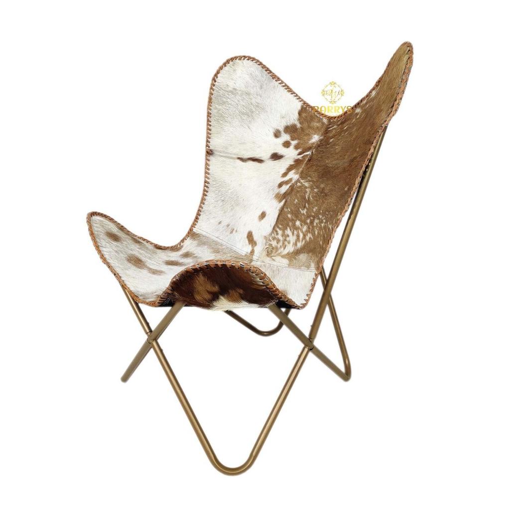 Zu öffnender Schmetterlingsstuhl aus Ziegenhaarleder – Wohnzimmerstuhl in Braun und Weiß