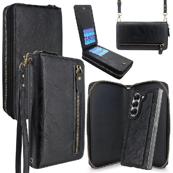 Lacass для Samsung Galaxy Z Fold 6 Z FOLD6 5G 2024 Чехол-кошелек с двойной молнией и ремешком на запястье, съемный, из кожи, с 8 отделениями для карт