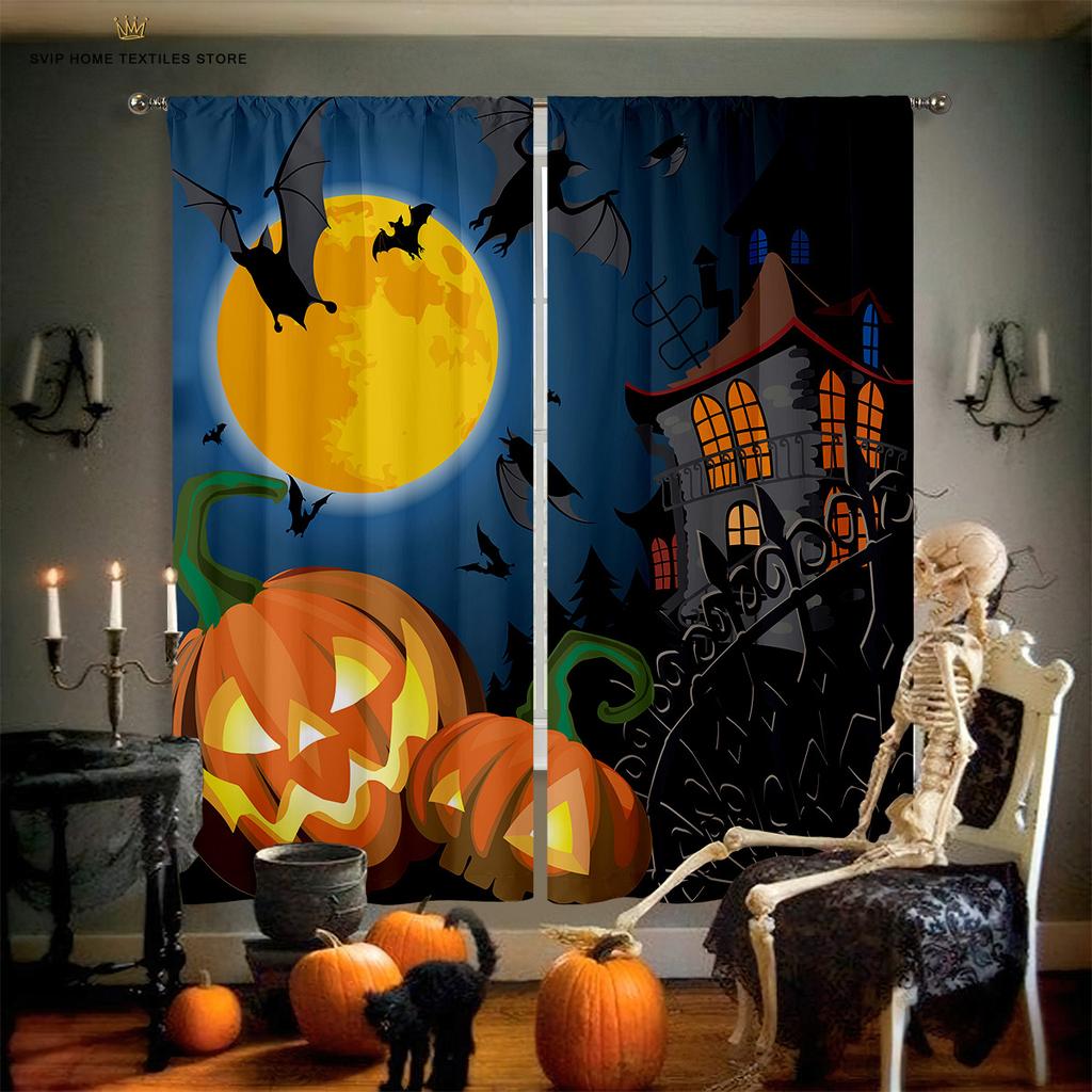 Blackout Insulation Curtains, Cartoon Print, Halloween, Pumpkin, Castle, Bedroom, Restaurant, Holiday Party, Decorative Curtain