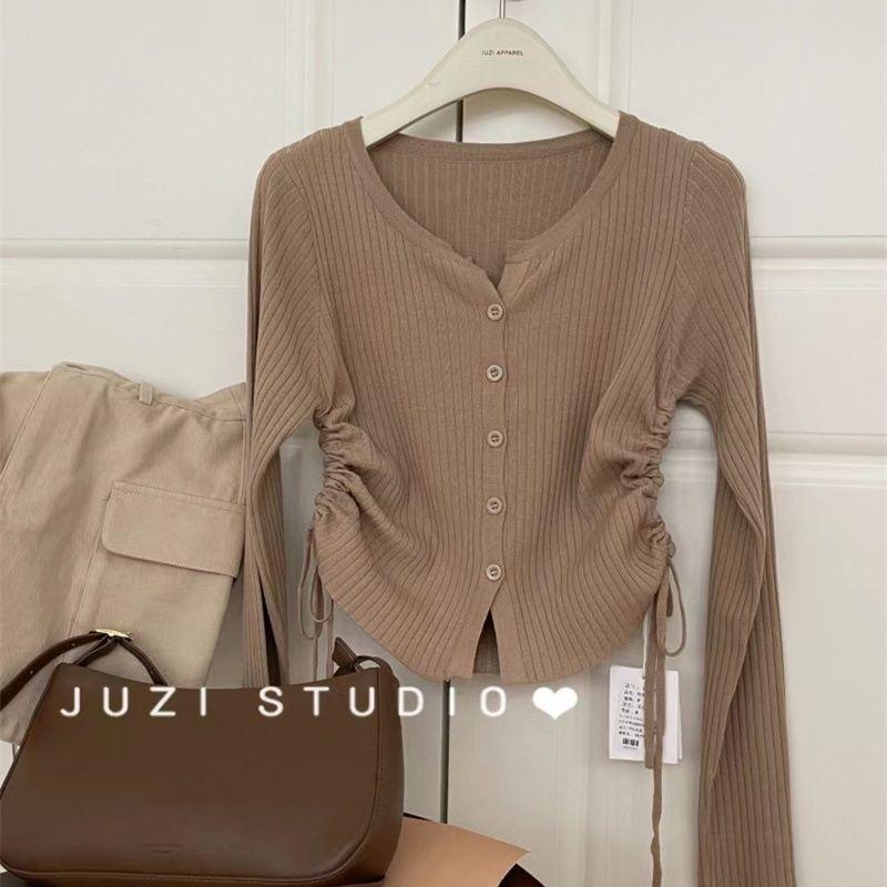 Autumn Women's V-neck Sweater Pure Lust Style Slimming Versatile Cardigan Side Drawstring Long-sleeved Top