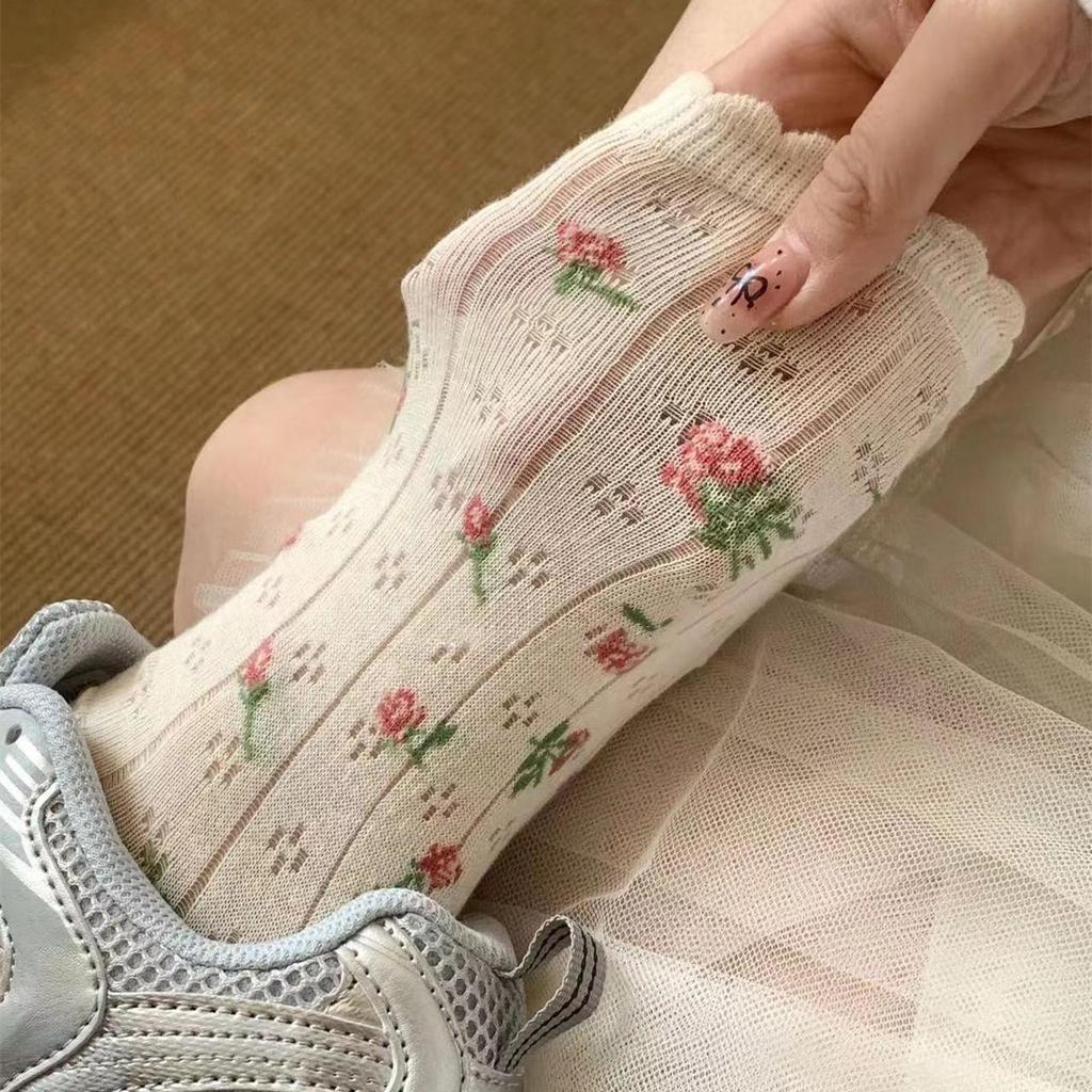 Sweet Romantic Bow Floral Lolita Lace Socks - Summer Cotton Mesh, Breathable Pattern