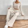 Women's Color Rib Knitted Trousers Mid-Waist Slimming Long-Sleeved Casual Suit