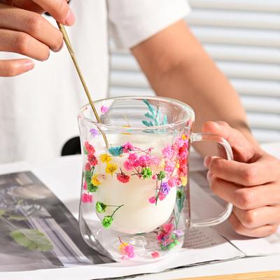 220/300 ml stikliniai puodeliai su dviem sienelėmis su izoliuota rankena Skaidraus stiklo kavos puodeliai, karščiui atsparūs gėlių