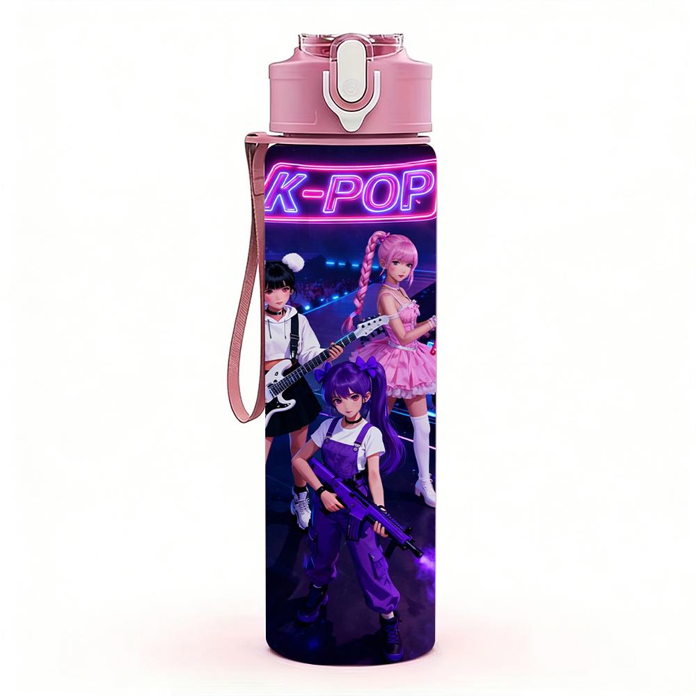 1PC Dark Neon Kpop Girl Live Stage Scene 750ml Color Plastic Water Bottle Leakproof Flip Straw Lid For Sports Office Home Use