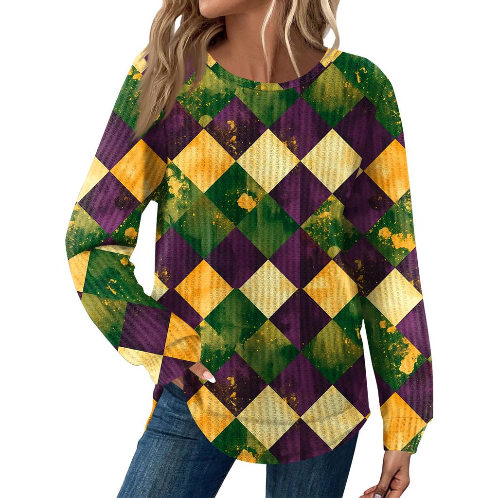 Damenmode Locker Langarm Karnevals-Print Rundhals Casual Oberteil
