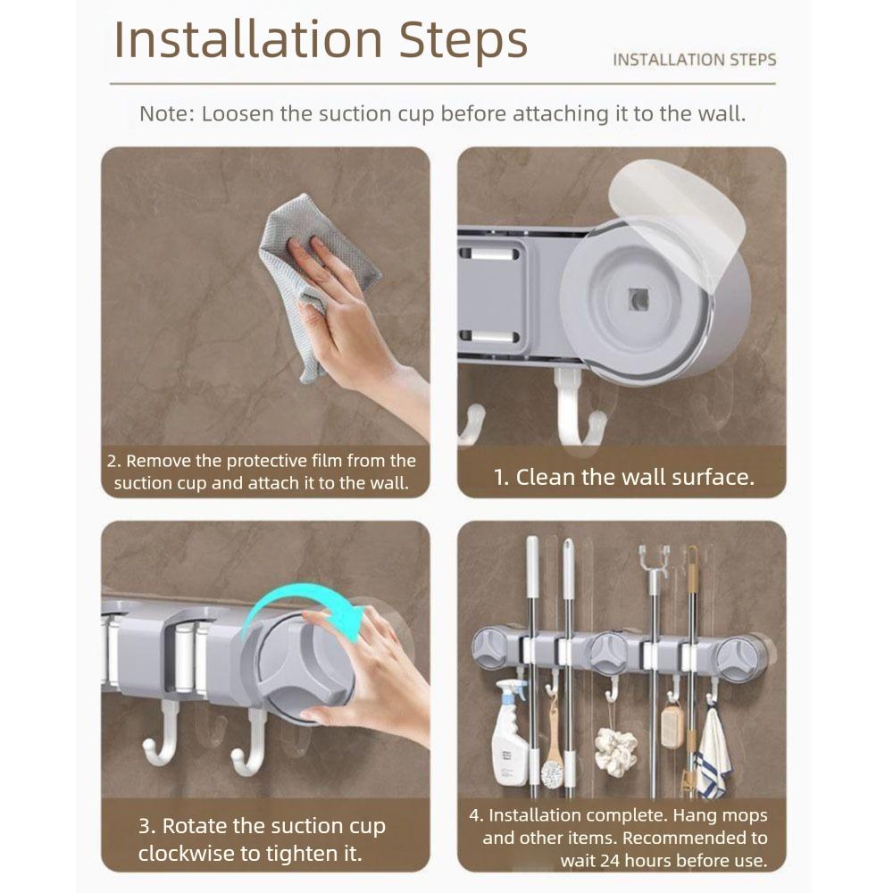 4 Position Suction Cup Mop Holder 5 Hooks Mop Hanging Rack Stable Wall-Mounted Mop Clip  Kitchen