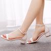 Fashion Round Toe Large Size Clear Heels Female Sandal Buckle Strap Comfort Shoes for Women Shallow Mouth Big Girls Block Low Beige Scan