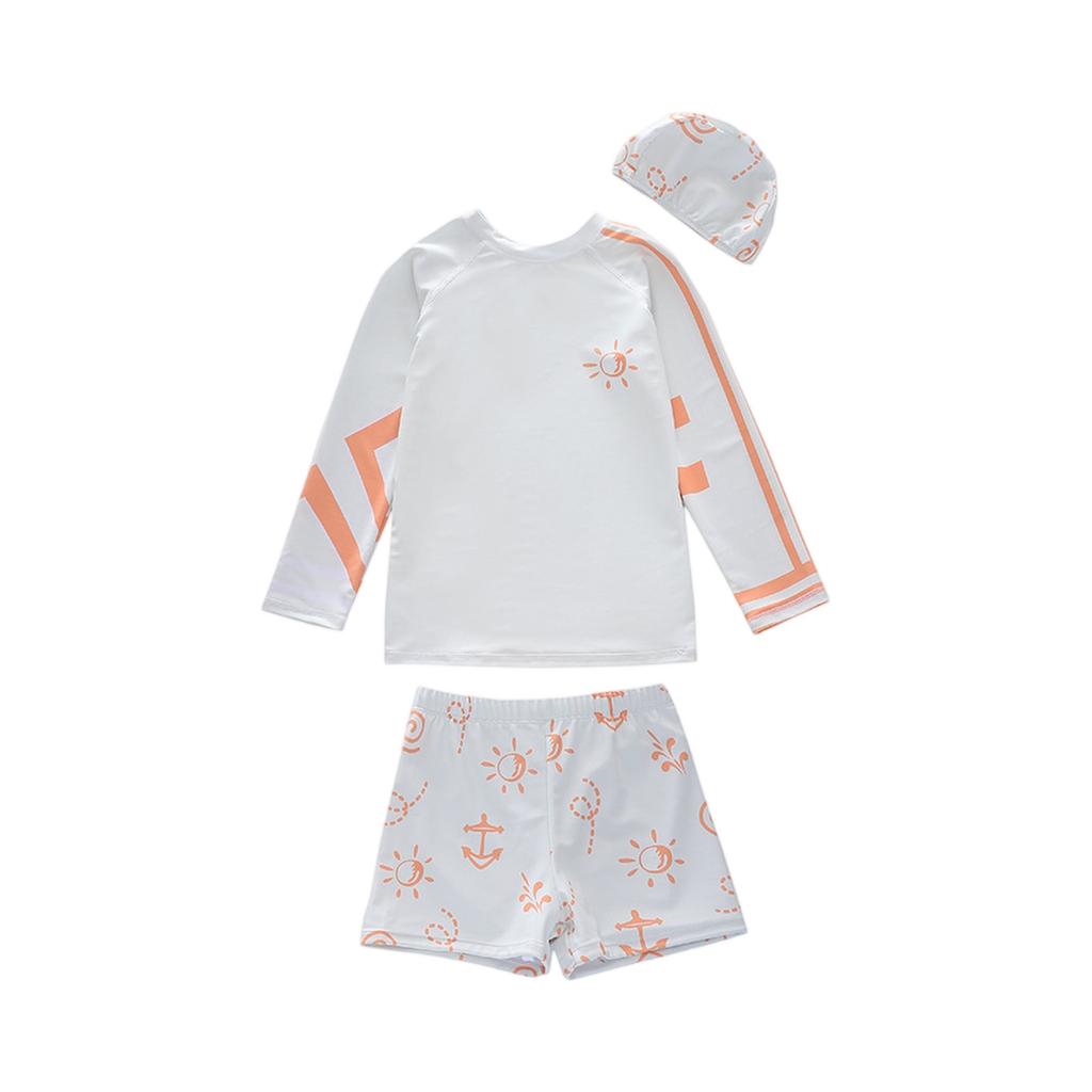 Boys Three Piece Swimwear Set Long Sleeve Rash Guard Swim Shirt Swim Shorts and Swim Cap Cartoon Print Lightweight Quick Dry