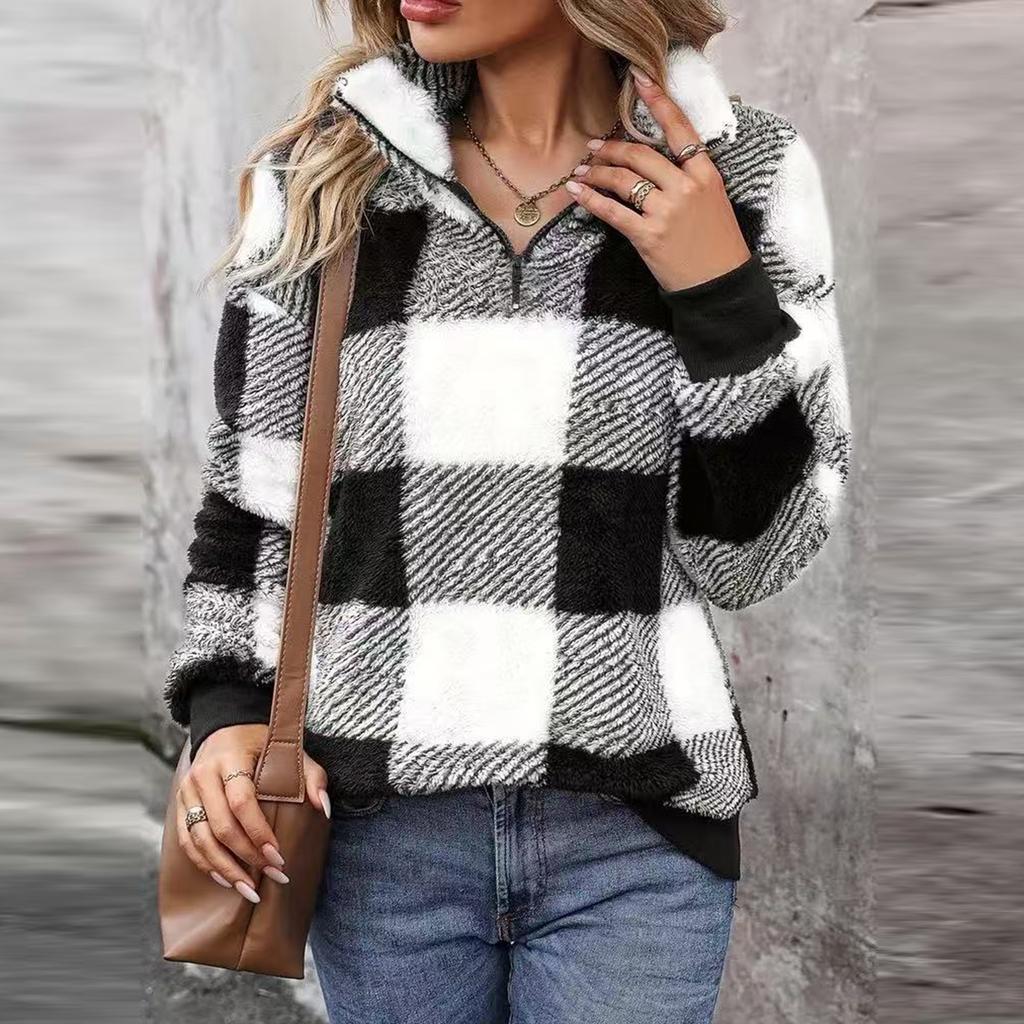 Women's Fashion Casual V-neck Zipper Solid Color Long Sleeve Pullover Top