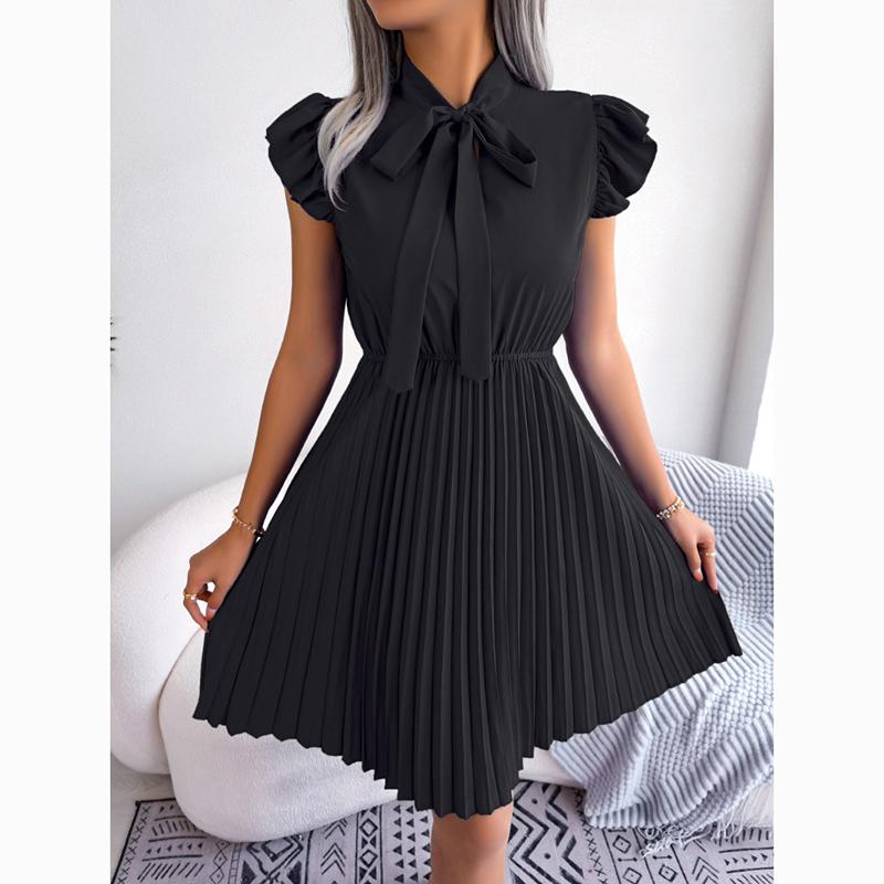 Spring Summer A Line Casual Dresses Women Lace Up Waist Pleated Office Lady Dress Elegant Ruffled Solid Loose Dress Female Clothing 24114