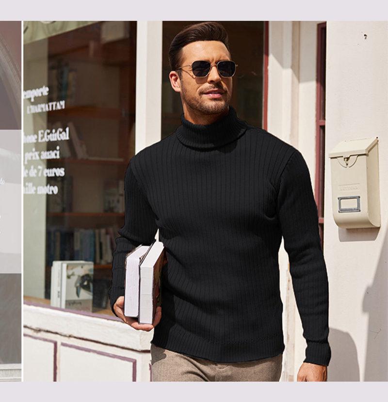 Men's Autumn/Winter Vertical Stripe High Neck Sweater - Slim Fit Warm Pullover Knitwear
