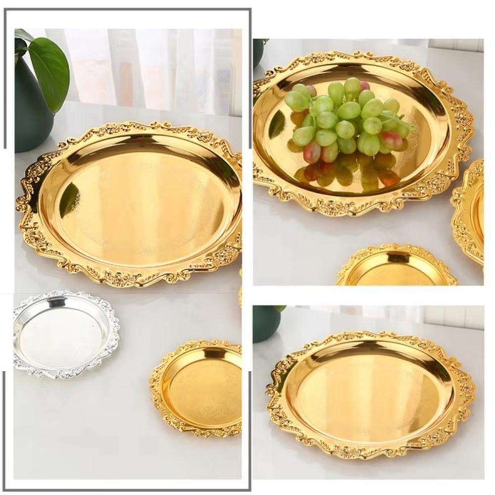 Golden Silver Cake Tray Round Dinner Serving Tray Retro Fruit Snack Plate  Party Decorative
