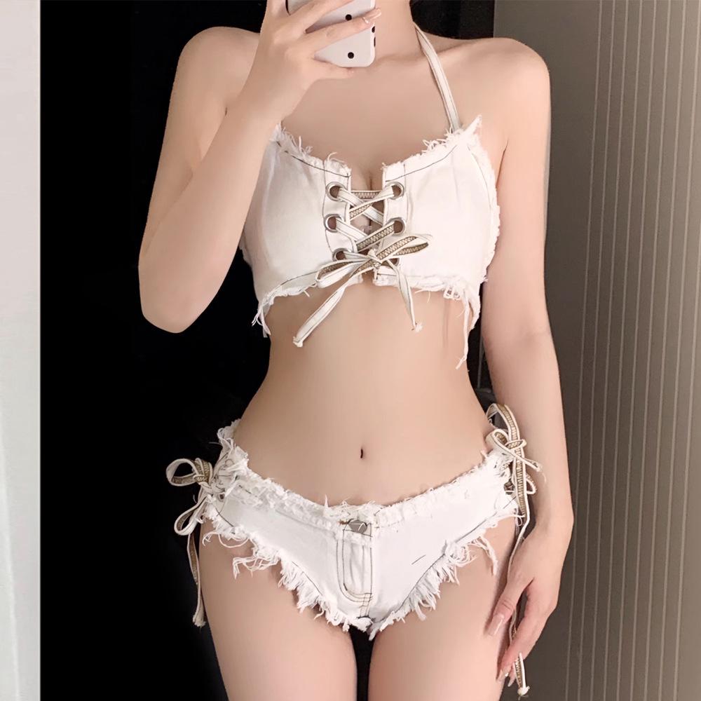 White Halterneck Denim Bikini Set: Sexy Two-Piece for Small Chest - Perfect for Vacation or Hot Springs
