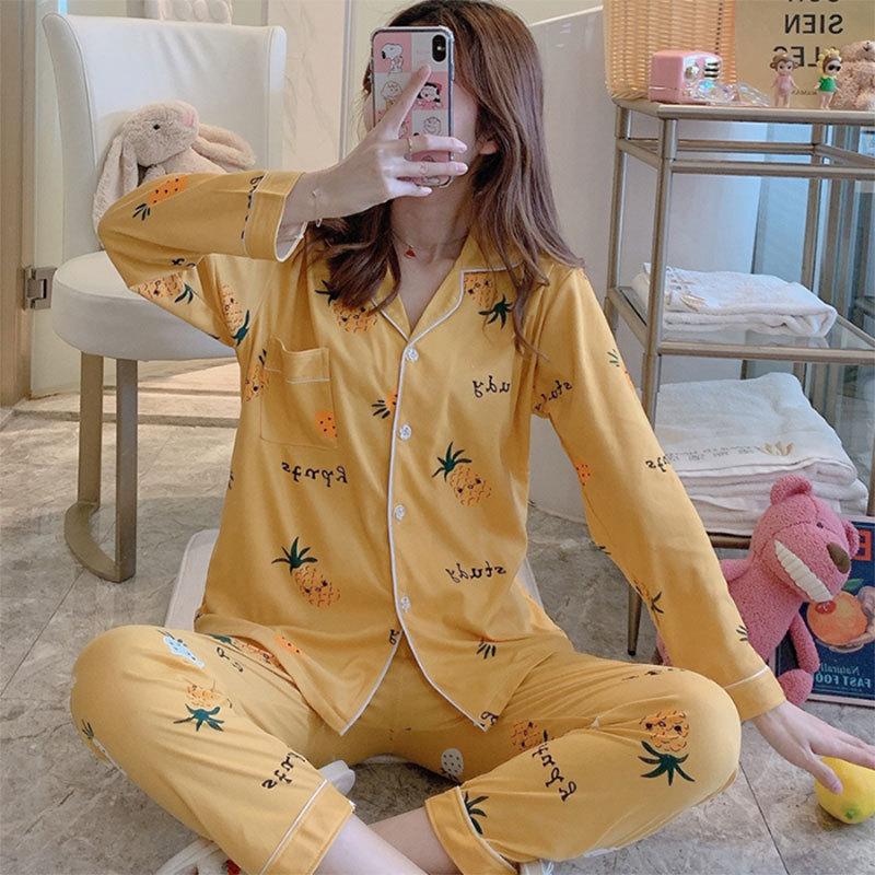 Spring And Autumn Pajamas Women'S Cardigan Long-Sleeved Trousers Korean Girls' Simple Cartoon Loungewear Suit Can Be Worn Outside