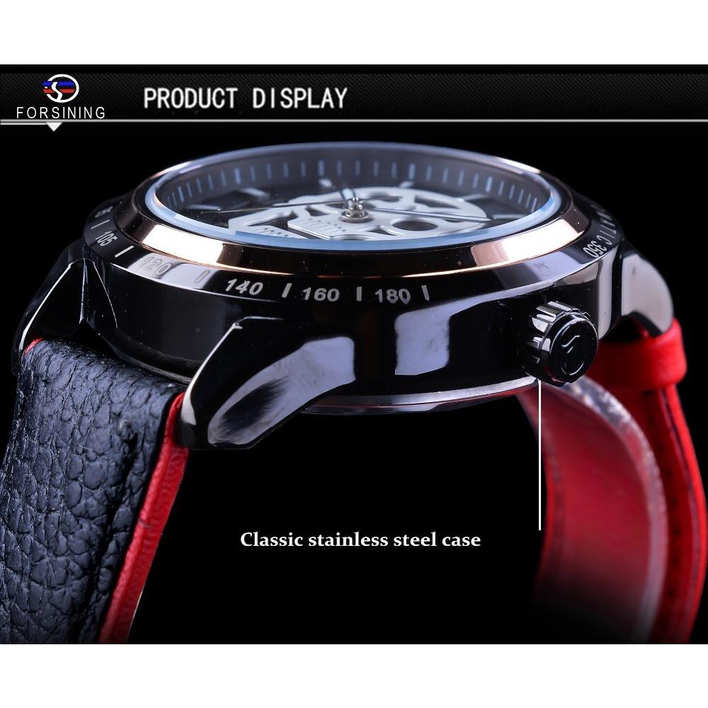 Forsining Men's Fashion Casual Glow-in-the-dark Skull Hollow Mechanical Watch Waterproof Automatic Mechanical Watch SLZe156-W