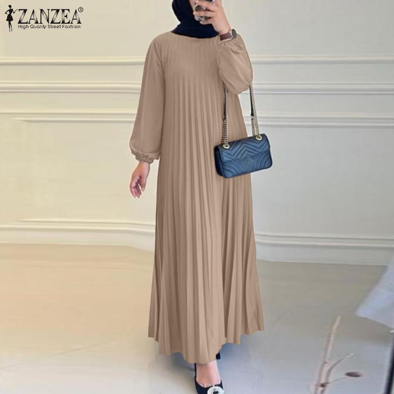 ZANZEA Γυναικείο Καθημερινό Φόρεμα Καφτάνι με Στρογγυλή Λαιμόκοψη, Άνετη Γραμμή και Μακρύ Μανίκι