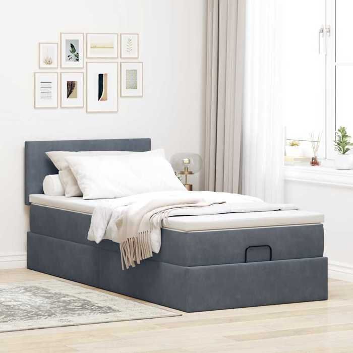 VidaXL Cadre de lit ottoman avec matelas gris foncé 100x200 cm velours, cadre de lit, cadre de lit rembourré, cadre de lit 3311682