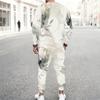 Men Plus Size White Printed Two Piece Set Round Neck Long Sleeve Top Cuffed Pants