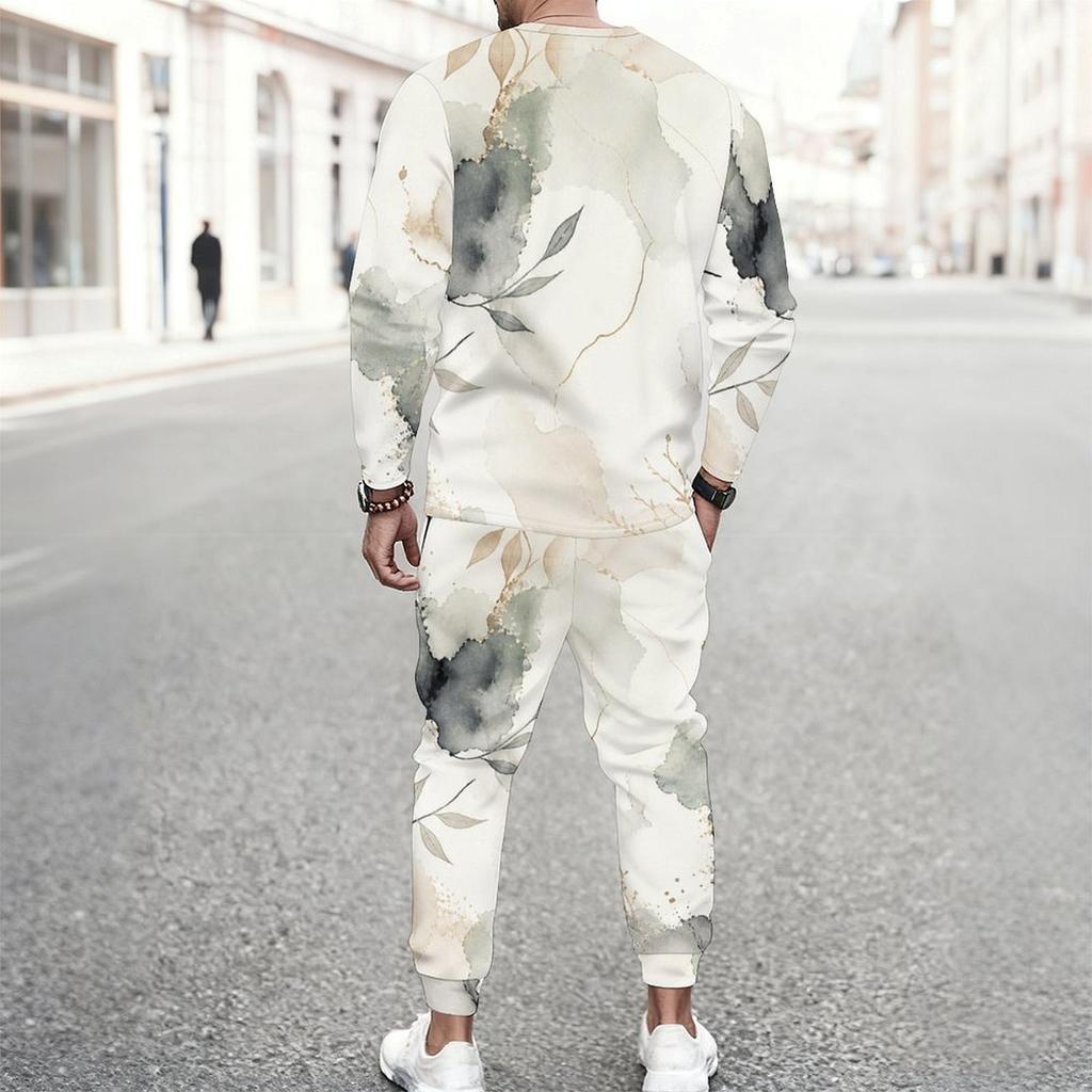 Men Plus Size White Printed Two Piece Set Round Neck Long Sleeve Top Cuffed Pants