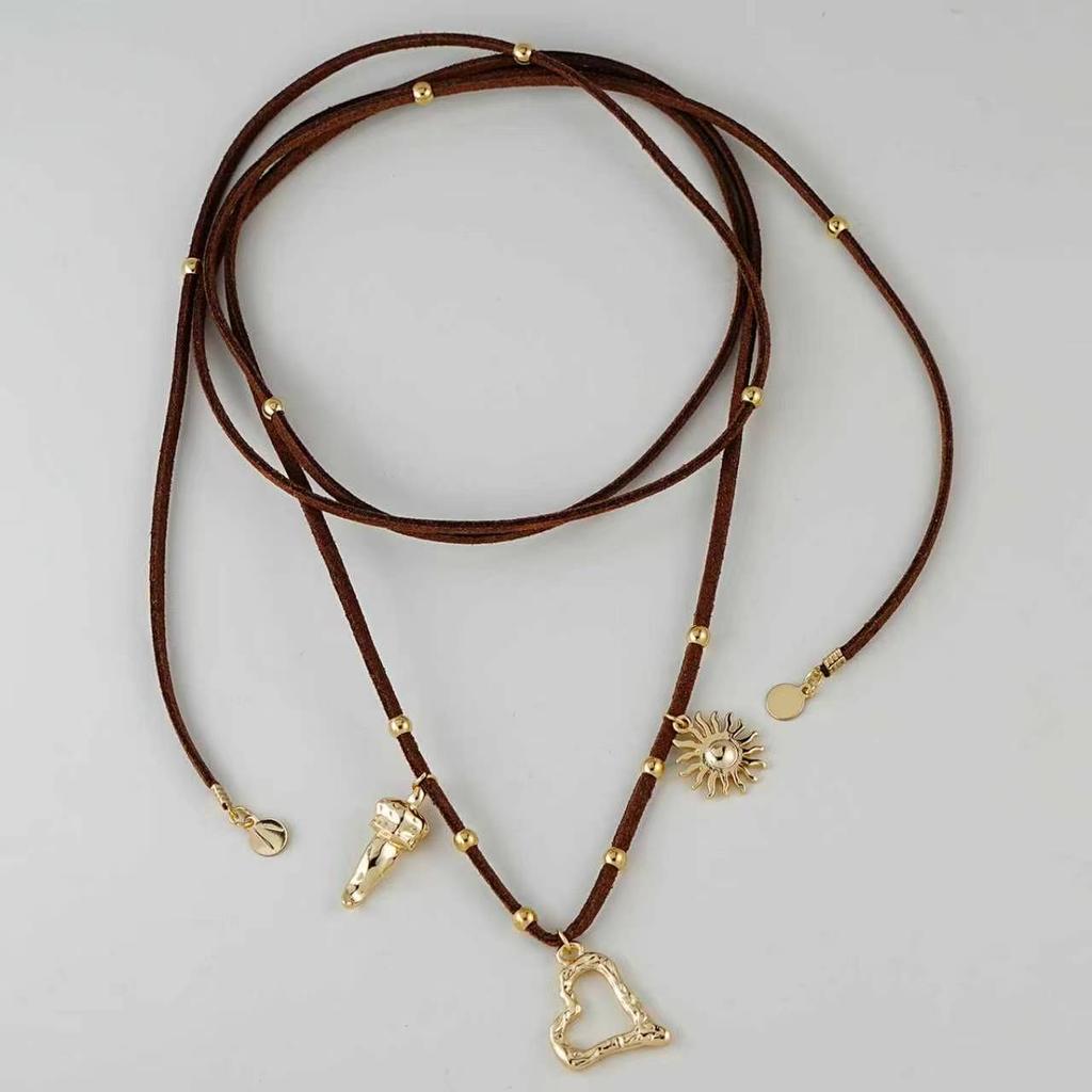 Retro Brown Faux Suede Long Wrap Irregular Heart Sun Pendant Necklace for Holiday Party Occasions Accessory
