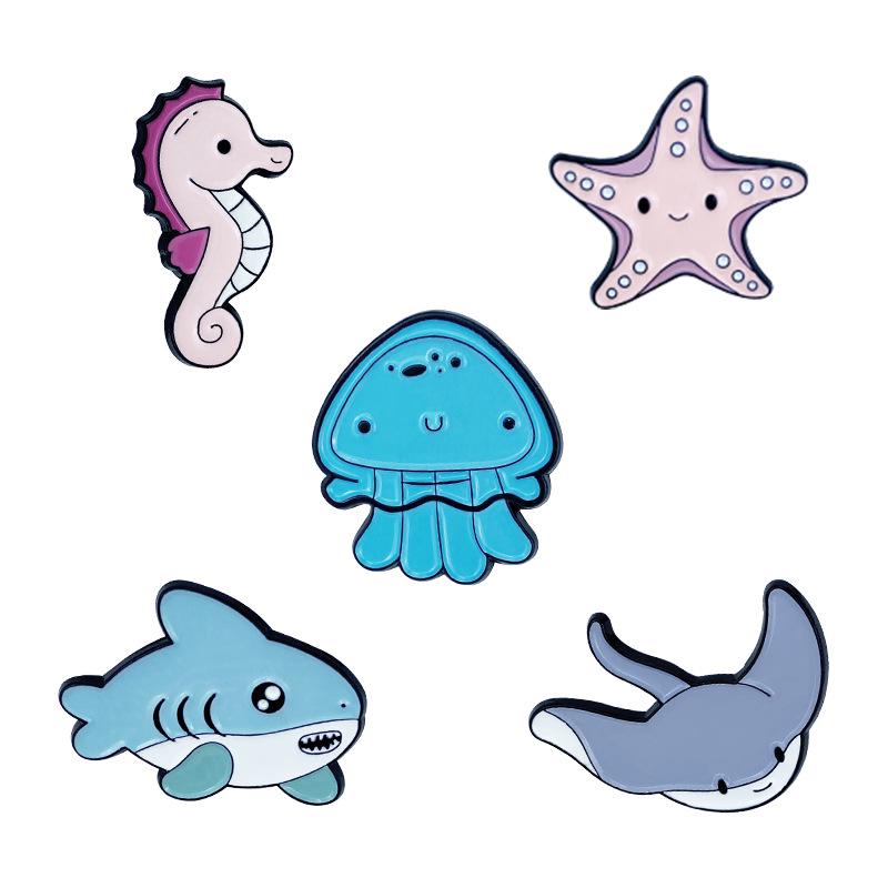 Marine Life Cartoon Brooch Set: Shark, Jellyfish, Seahorse, Starfish