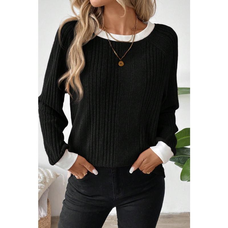 Women Solid Color Ribbed Long Sleeve Round Neck Casual Pullover Sweater