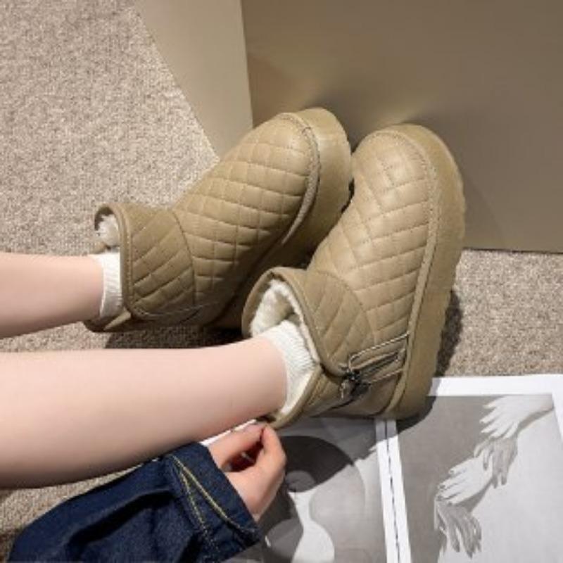 Snow Boots Women's Autumn and Winter New Round Head Thick Sole Rhombus Plaid Foot Cover Velvet Student Cotton Shoes