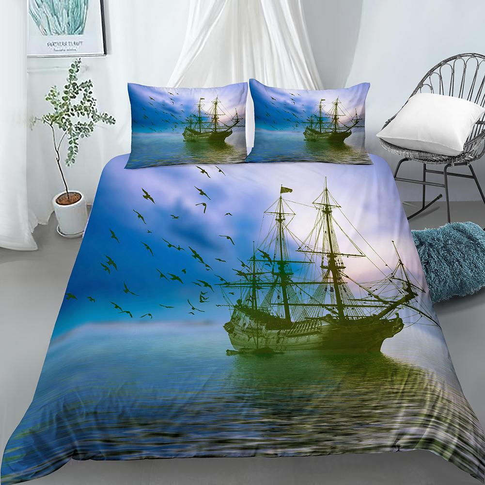 Nautisk Segelbåt Påslakan Queen King Size 3D Oljemålning Båtstil Sängkläder Set Ocean Mjuk 2/3 Delar Polyester Täcke Överdrag