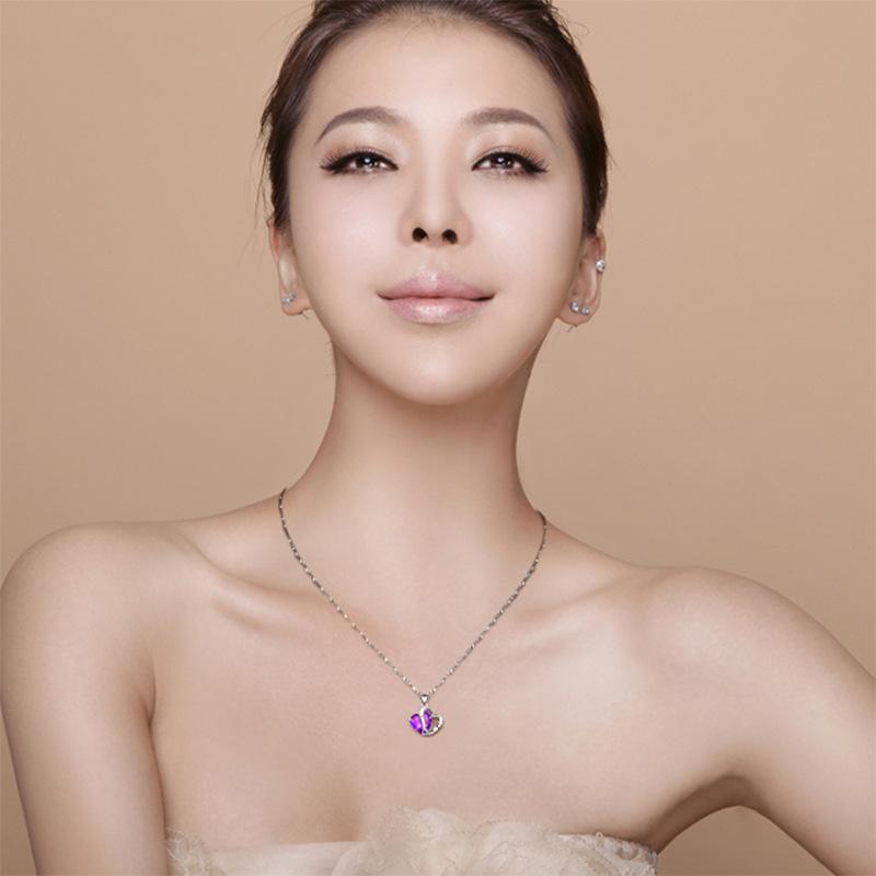 925 Sterling Silver Ornament Necklace Women's Amethyst Heart Pendant Love Jewelry
