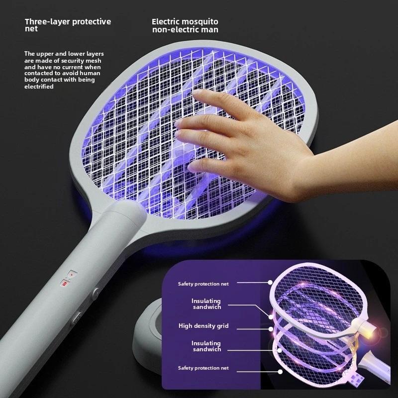 Handheld 2-mode electric mosquito killer with charge,3-layer power grid,dual speed adjustment,for home,office,camping,courtyard