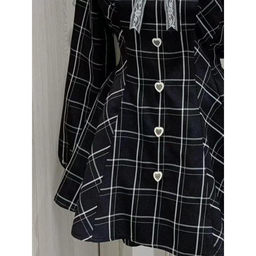 Japanese Fairy Sweet Lace Patchwork Plaid Dress Women Kawaii Grunge Ruffled Long Sleeve Dresses Y2k Aesthetic JK Lolita Vestidos