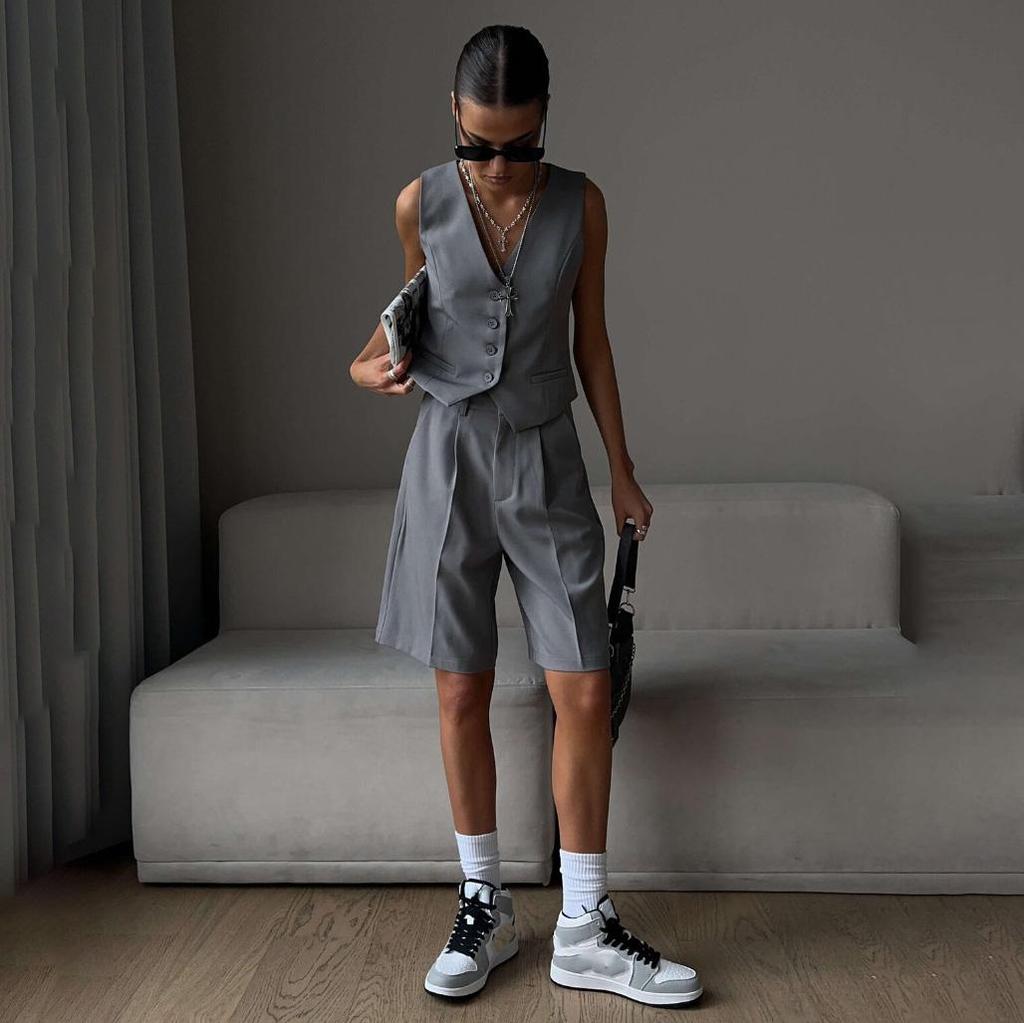 Conjunto Feminino de Duas Peças: Colete, Camisa Sem Mangas, Shorts de Cintura Alta com Cordão, Tamanho Grande, Conjuntos de Moda