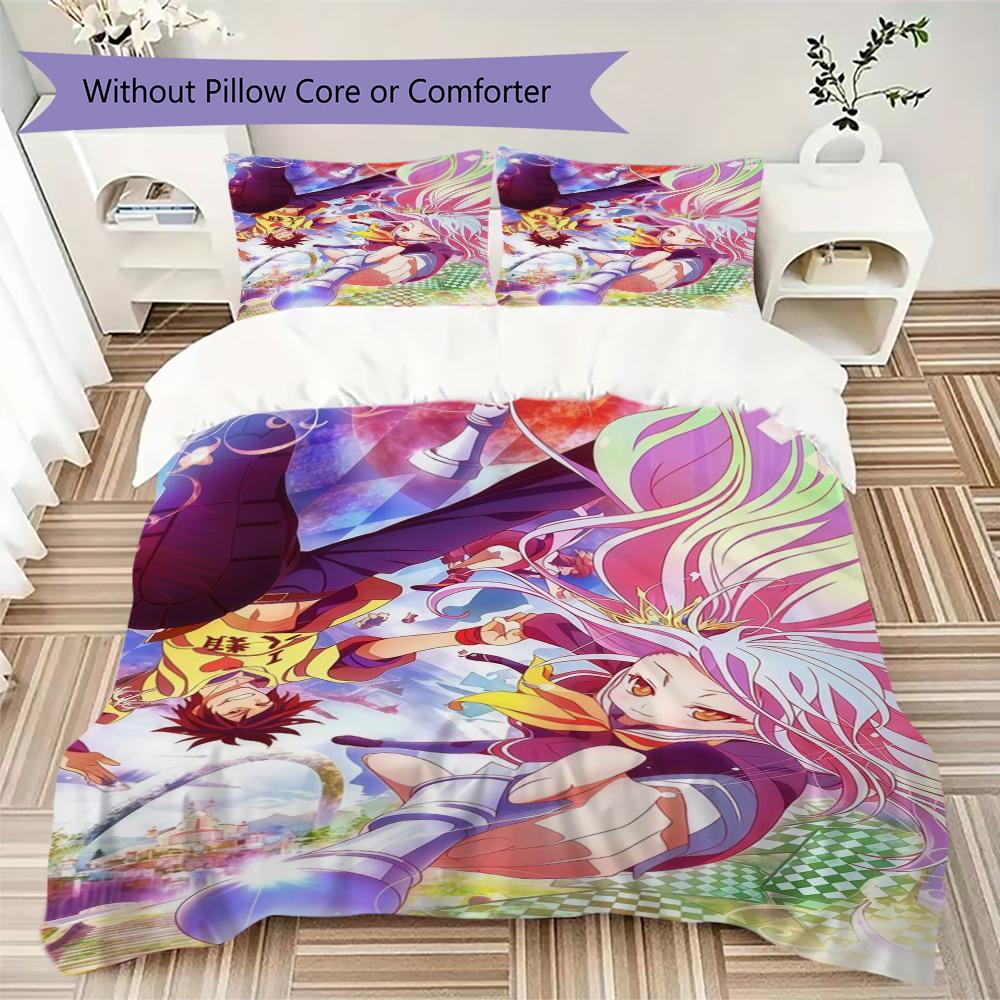 No Game No Life Pattern Bedding,Quilt Set Quilt Cover Pillowcase Home Birthday Gift(1 * Duvet Cover + 2 * Pillowcase, Without Core)_lx