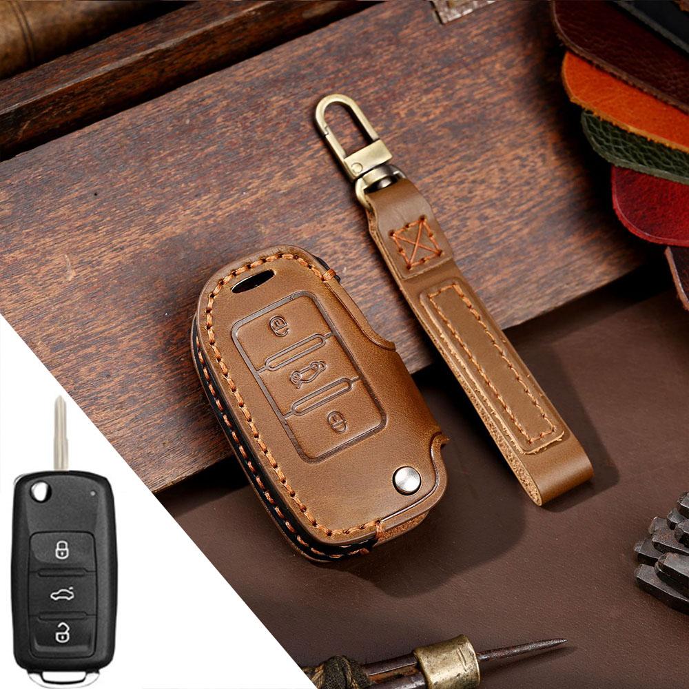 HALLMO Handmade Luxury Leather Car Key Case For Volkswagen Folding Keys